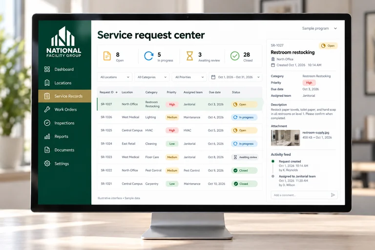 Illustrative Service request center interface on a desktop monitor with sample data