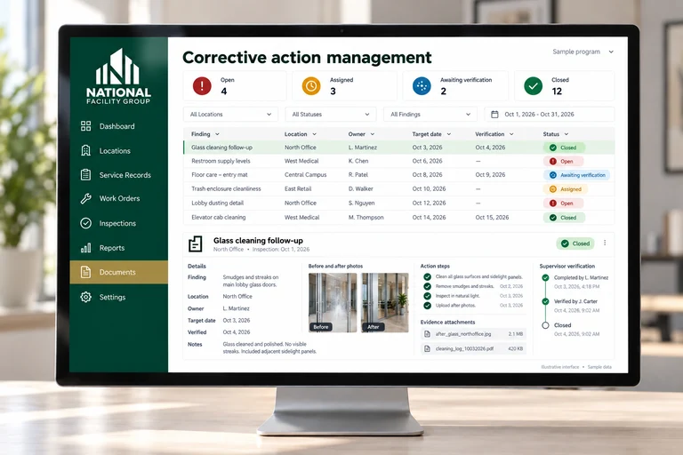Illustrative Corrective action management interface on a desktop monitor with sample data