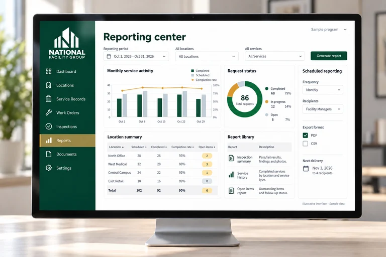 Illustrative Reporting center interface on a desktop monitor with sample data