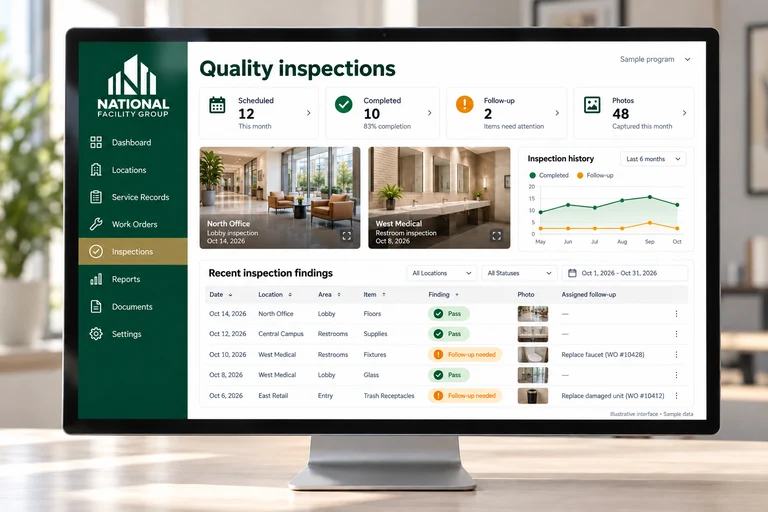 Illustrative Quality inspections interface on a desktop monitor with sample data