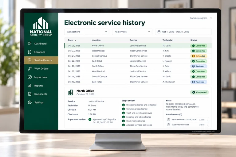 Illustrative Electronic service history interface on a desktop monitor with sample data