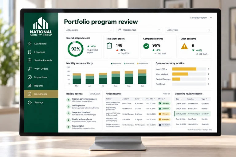 Illustrative Portfolio program review interface on a desktop monitor with sample data