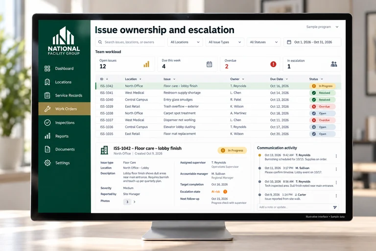 Illustrative Issue ownership and escalation interface on a desktop monitor with sample data