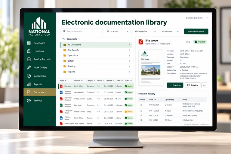 Illustrative Electronic documentation library interface on a desktop monitor with sample data