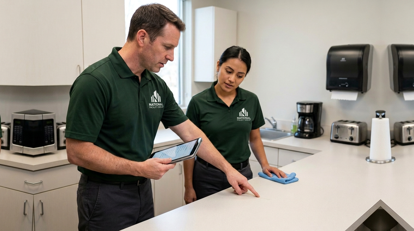 Illustrative service scene: a supervisor holds a tablet while inspecting a cleaned breakroom counter with a participating technician.