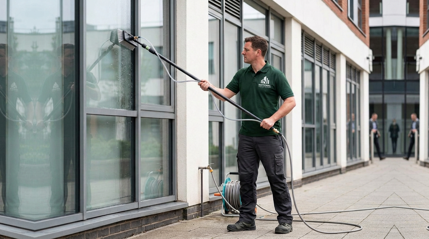 Illustrative service scene: a technician cleans commercial exterior windows from ground level with a water-fed pole and brush.