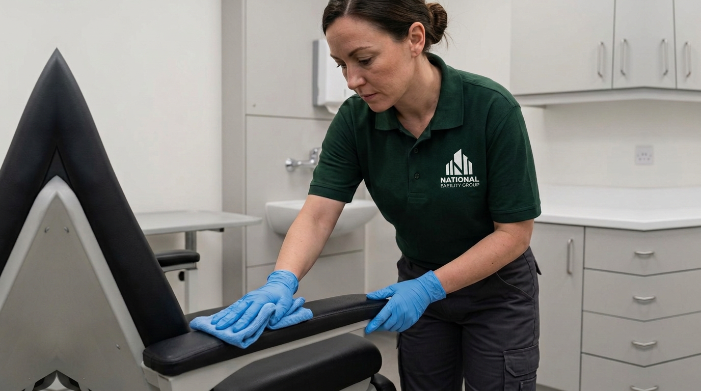 Illustrative service scene: a gloved cleaning technician wipes an exam-chair armrest in a medical room.