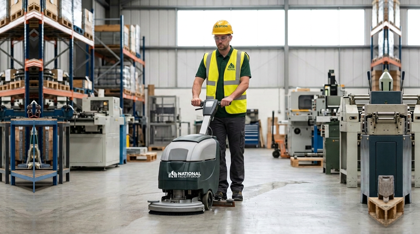 Illustrative service scene: a technician wearing a hard hat, safety glasses and high-visibility vest operates a floor scrubber in an industrial facility.