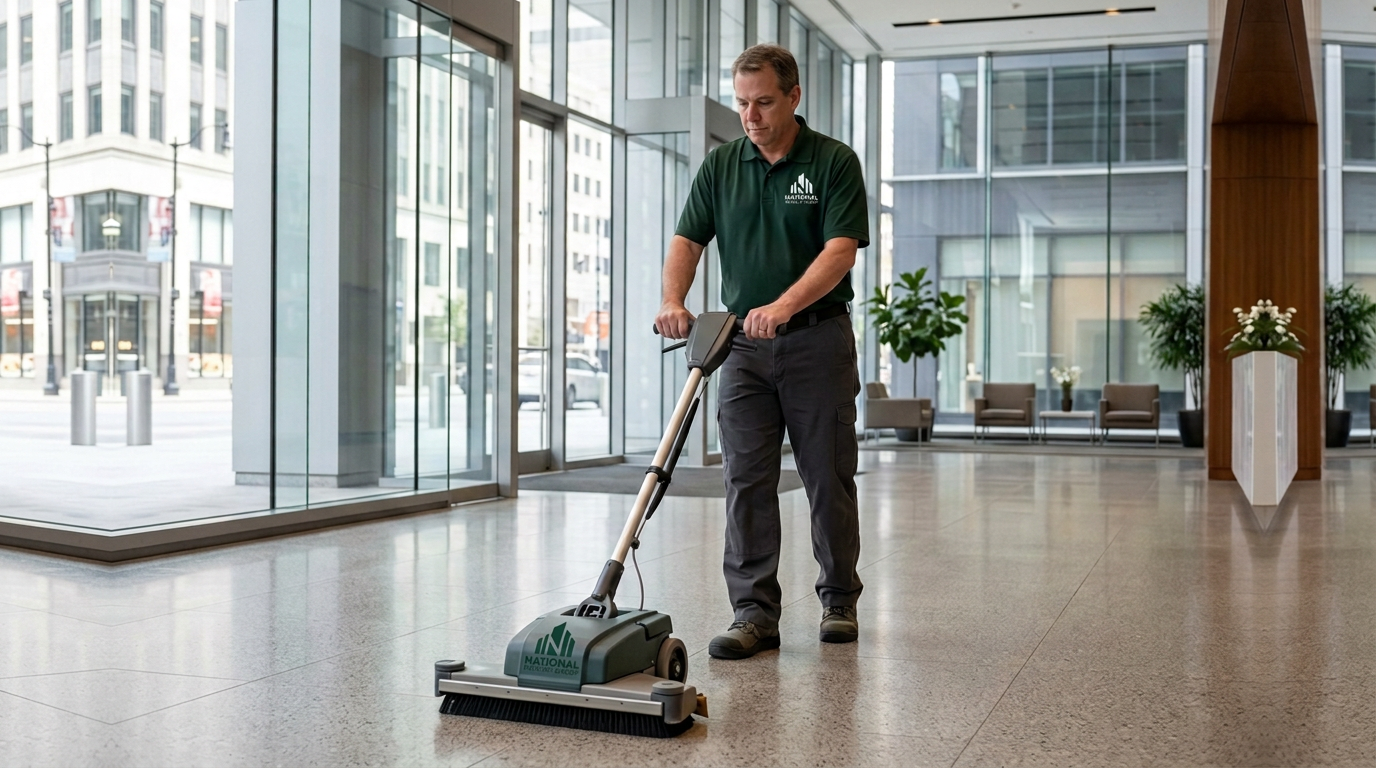 Illustrative service scene: a uniformed technician operates commercial floor-cleaning equipment in an office lobby.