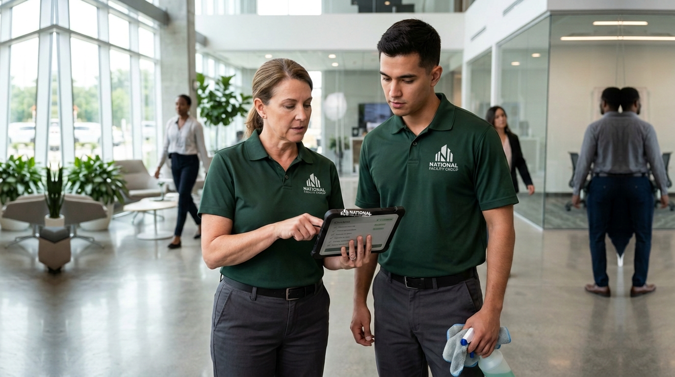 Illustrative service scene: a field supervisor reviews a tablet inspection checklist alongside a uniformed cleaning technician in a commercial lobby.