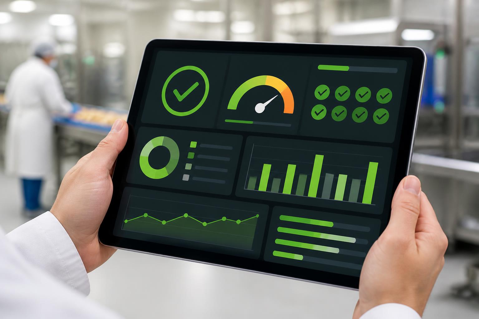 Mobile QA inspection dashboard on tablet inside a working facility