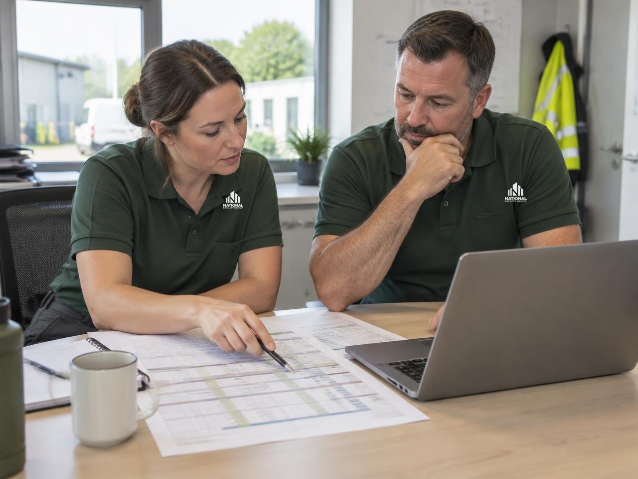Illustrative scene: account manager and field supervisor in NFG uniforms reviewing a weekly site schedule