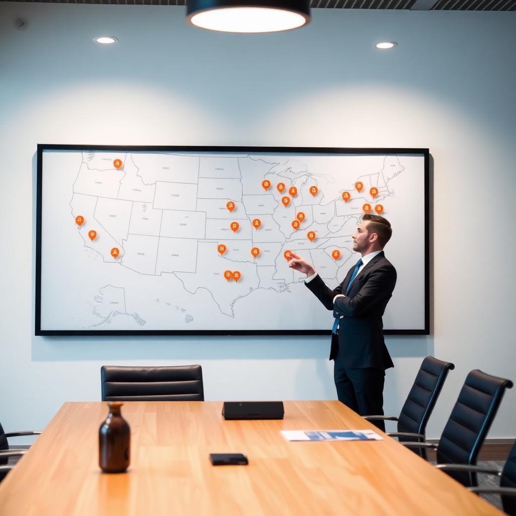 National account manager reviewing multi-site facility coverage on a U.S. map
