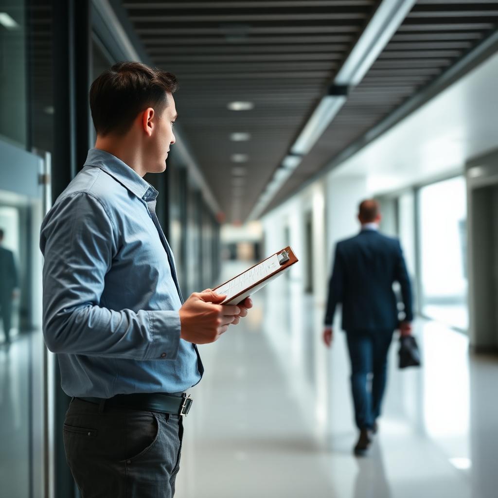 Quality assurance auditor with clipboard inspecting a corporate corridor