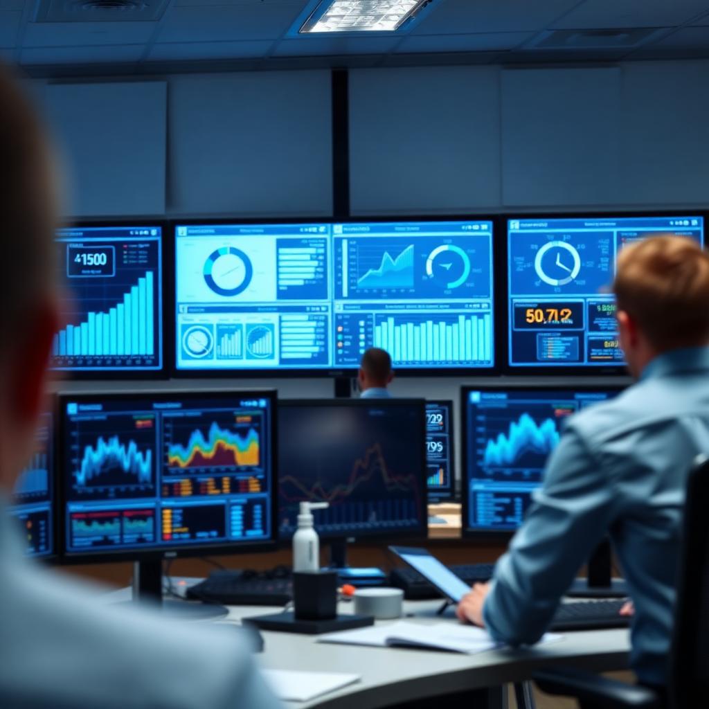 Performance dashboards and KPI analytics on monitors inside an operations command center