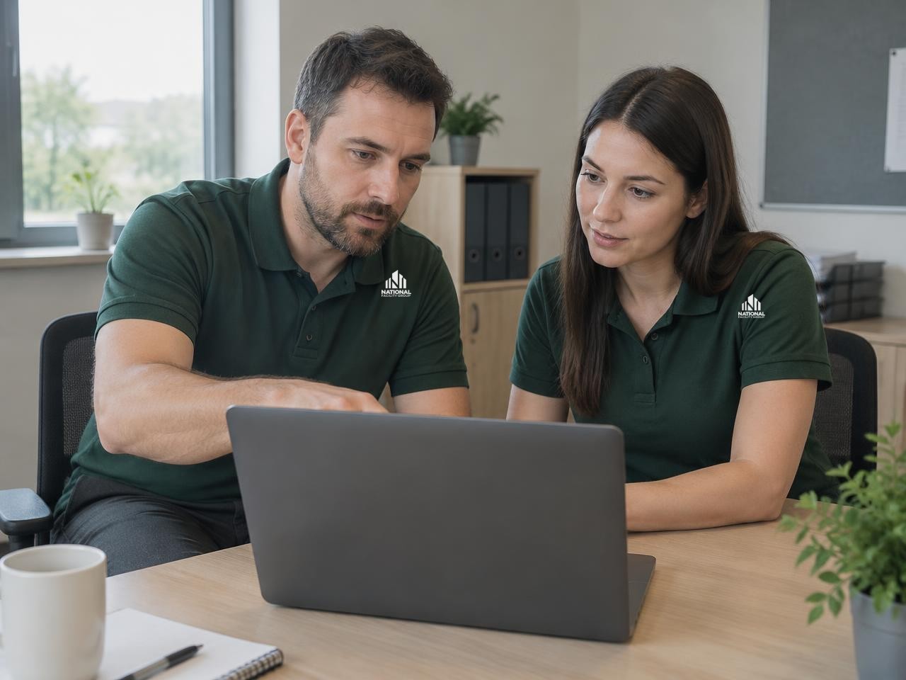 Illustrative scene: two NFG team members reviewing a facility service report on a laptop