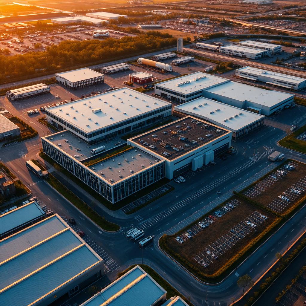 Aerial view of a large multi-building commercial and logistics campus at golden hour