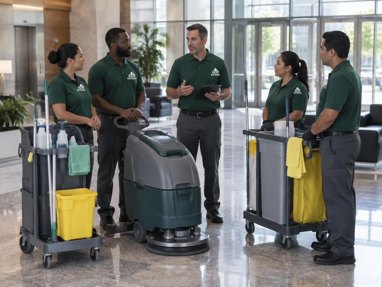 Illustrative scene: NFG supervisor coordinating a cleaning team with carts and a floor scrubber in a lobby