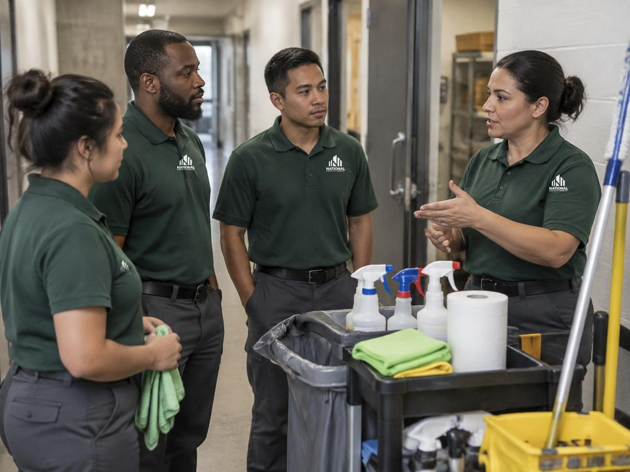 Illustrative scene: NFG supervisor briefing a small cleaning team beside an organized janitorial cart
