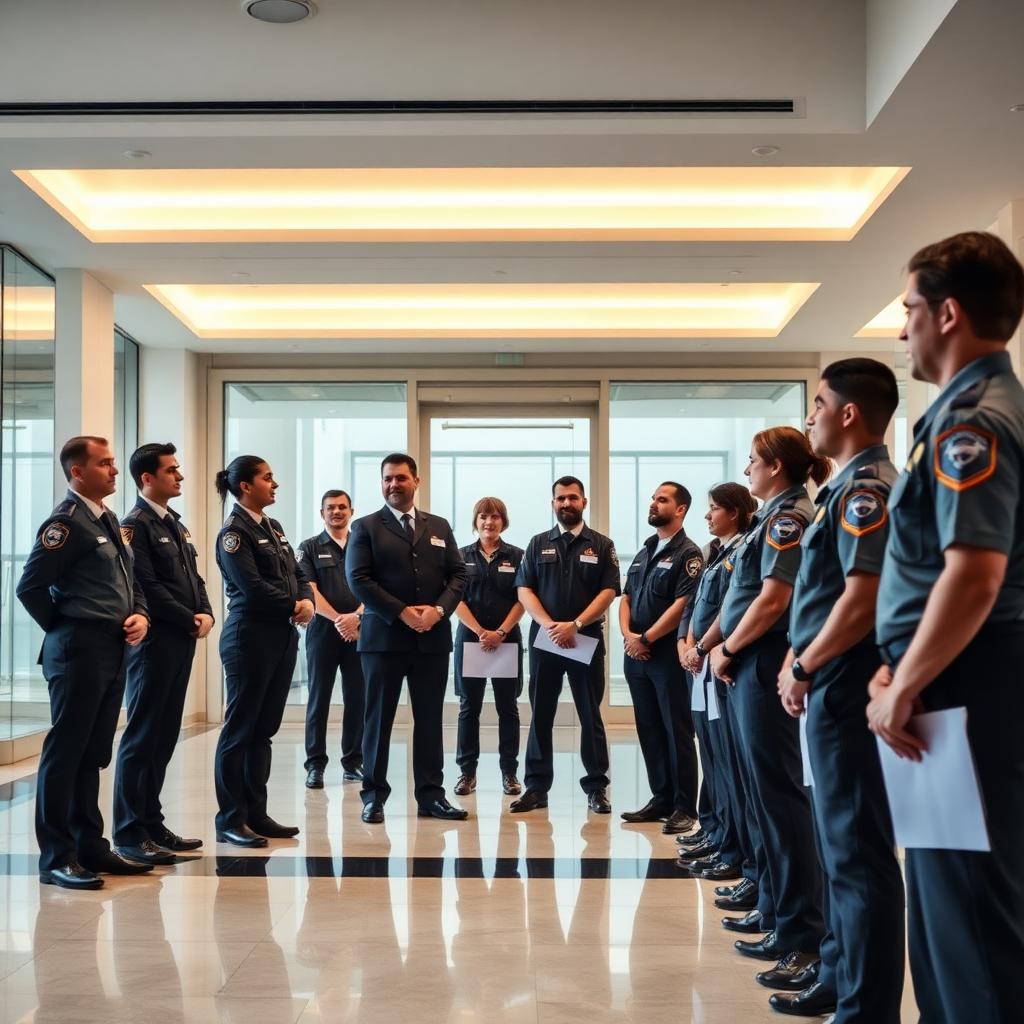 Uniformed facility services team receiving a standardized process briefing