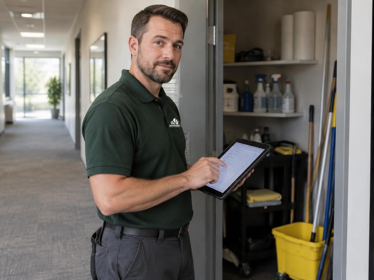 Illustrative scene: NFG technician updating a work-order checklist on a tablet beside a janitorial closet