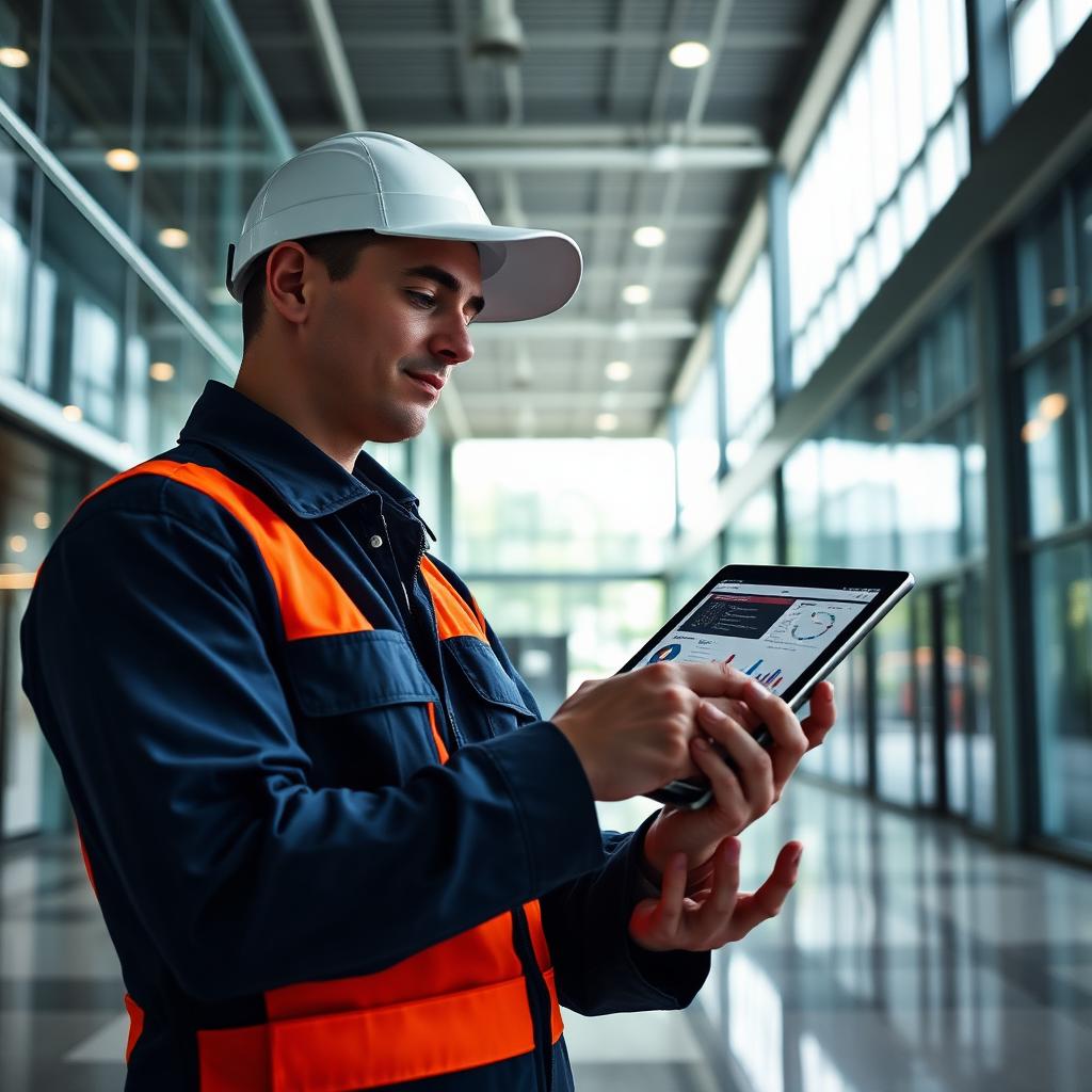 Facility services technician using a tablet dashboard inside a modern building