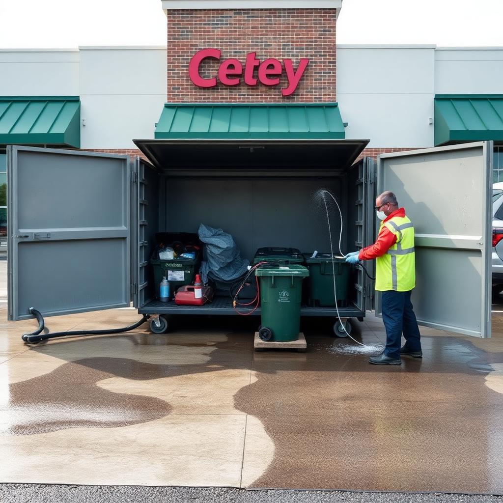 Worker pressure washing a commercial dumpster pad and trash corral