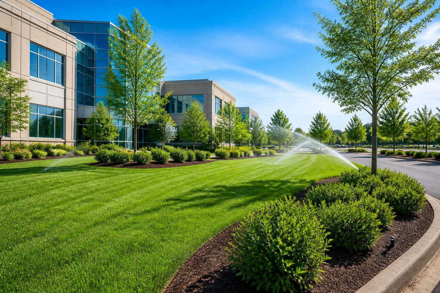 Corporate campus with manicured landscaping and clean exterior