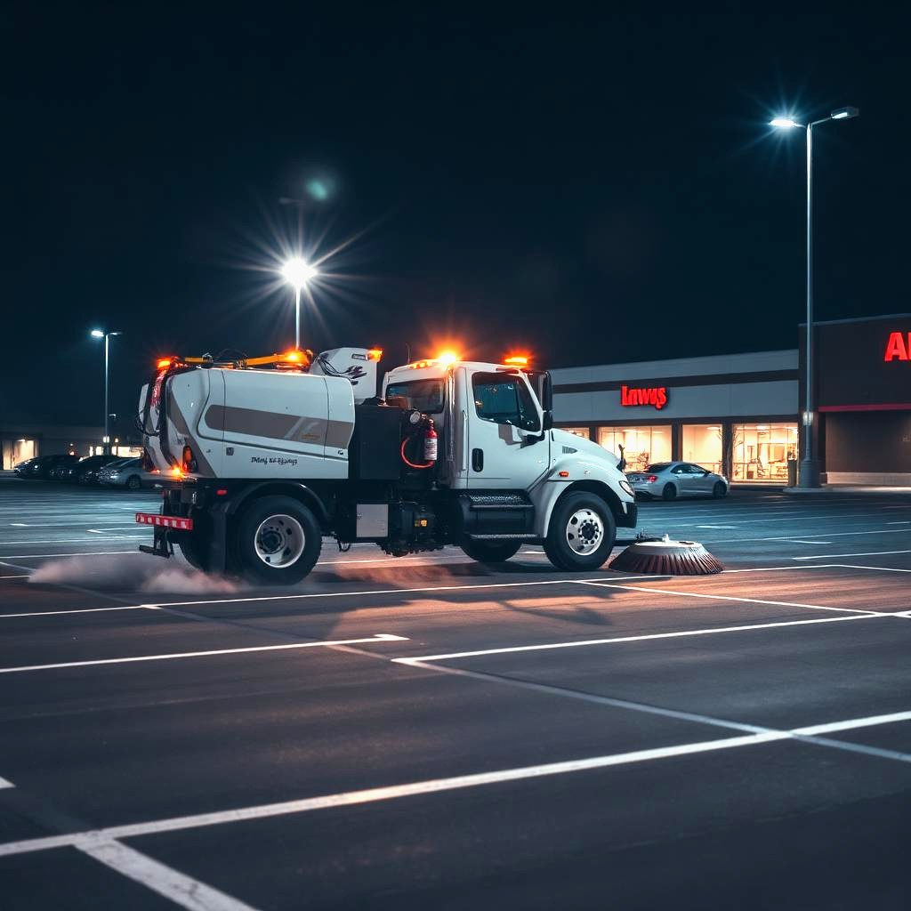 Overnight parking lot sweeper truck at a retail center