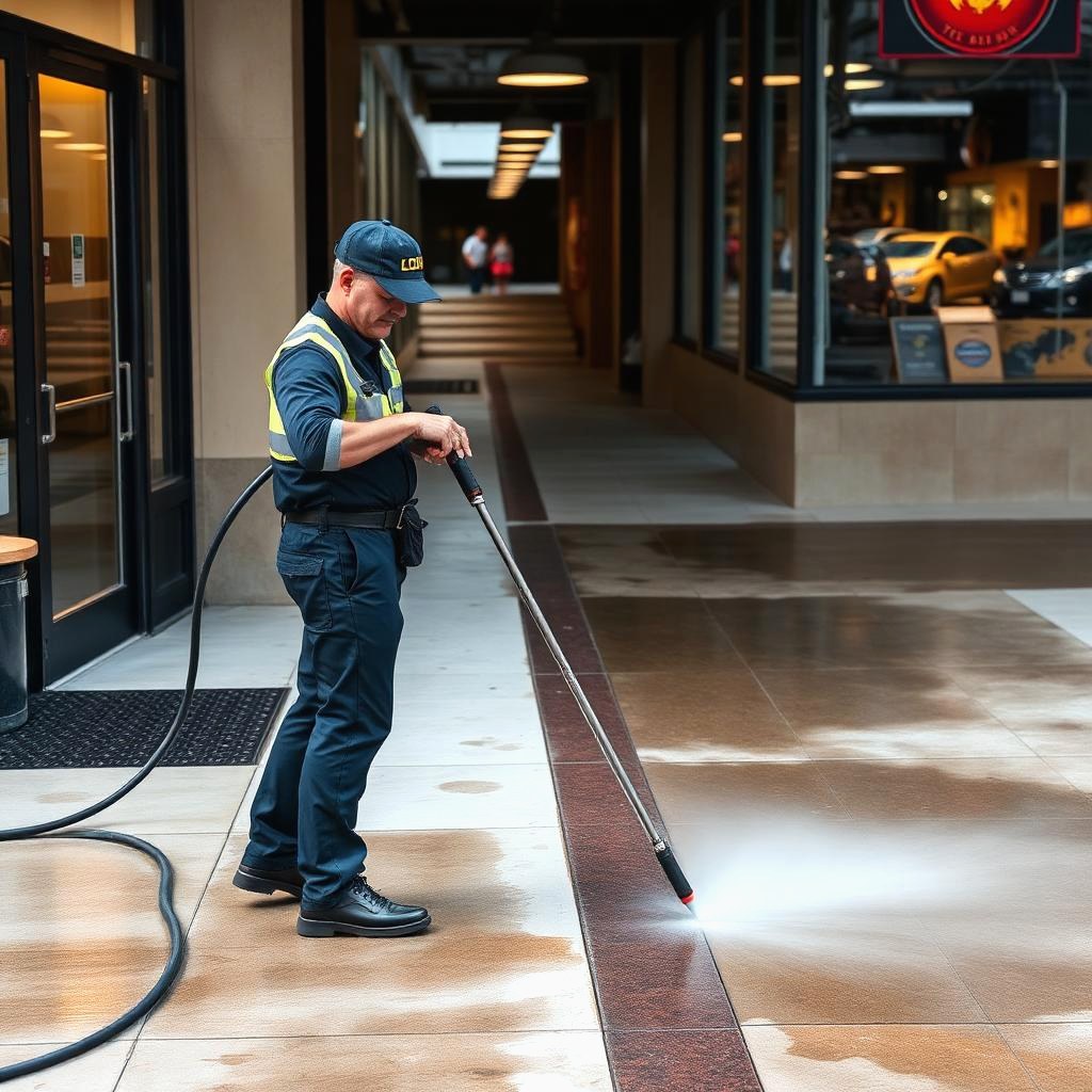 Commercial pressure washing technician cleaning a sidewalk