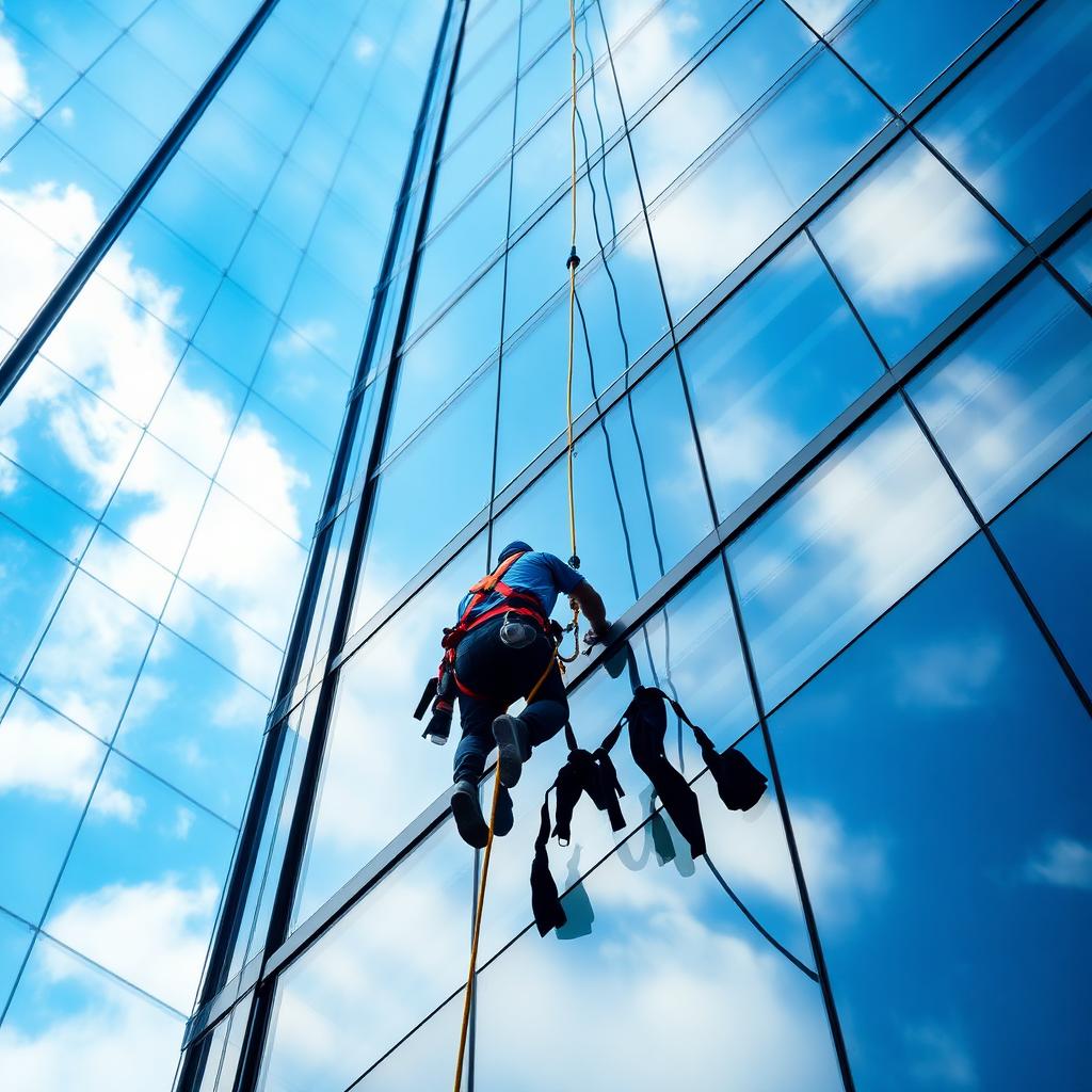 IWCA-certified rope access window cleaner on high-rise glass facade