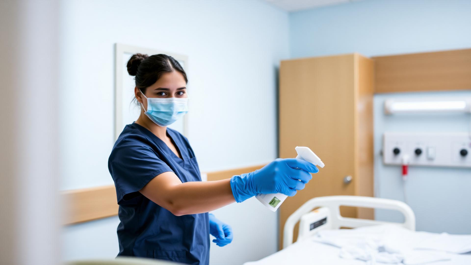 EVS technician disinfecting a hospital patient room