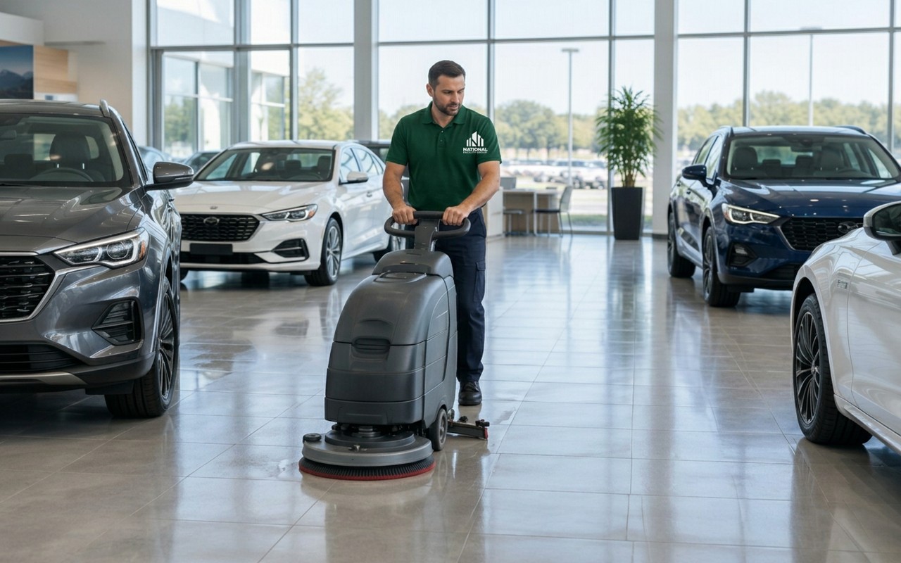 Worker scrubbing the showroom floor between new vehicles at a dealership