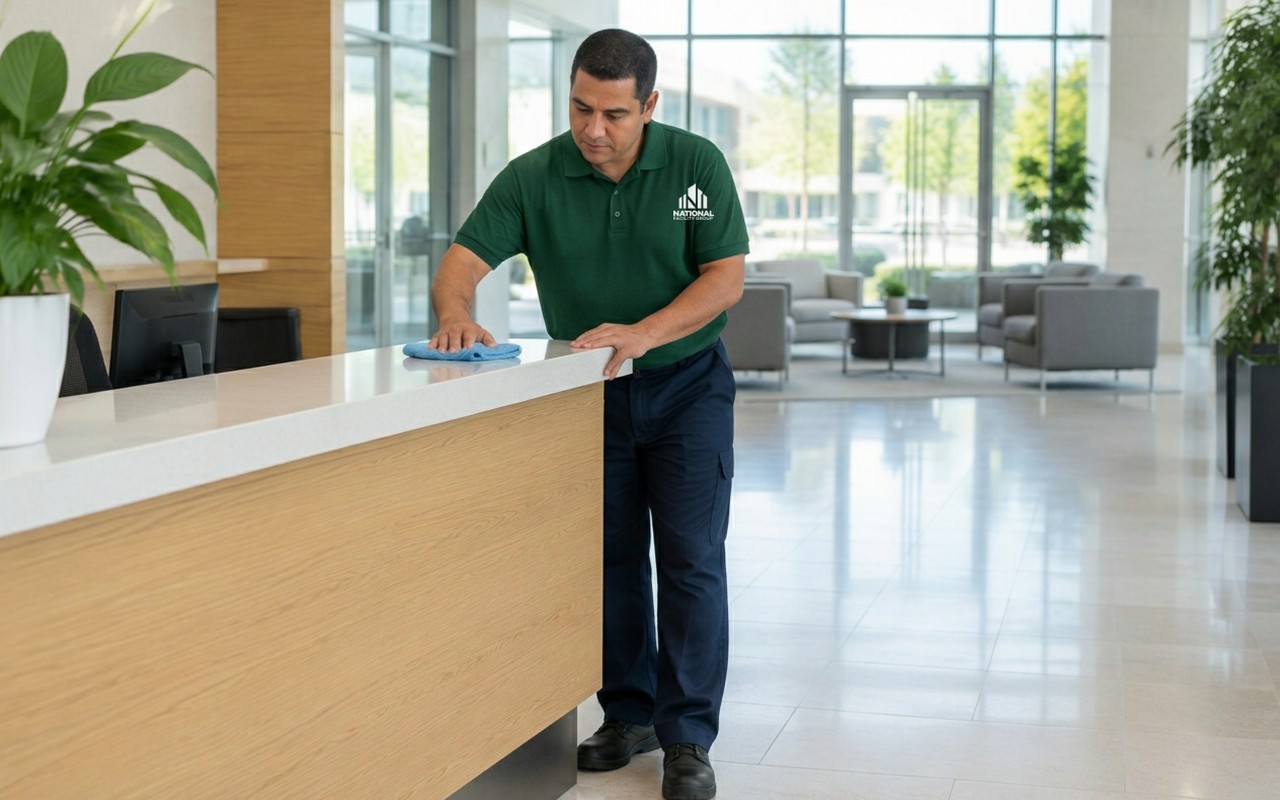 Day porter wiping the reception counter in a bright office lobby