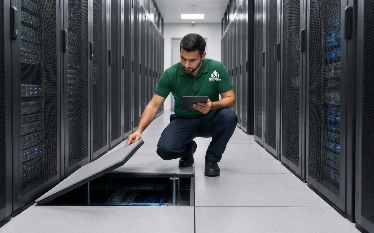 Supervisor with a tablet inspecting raised floor tiles in a data center server corridor