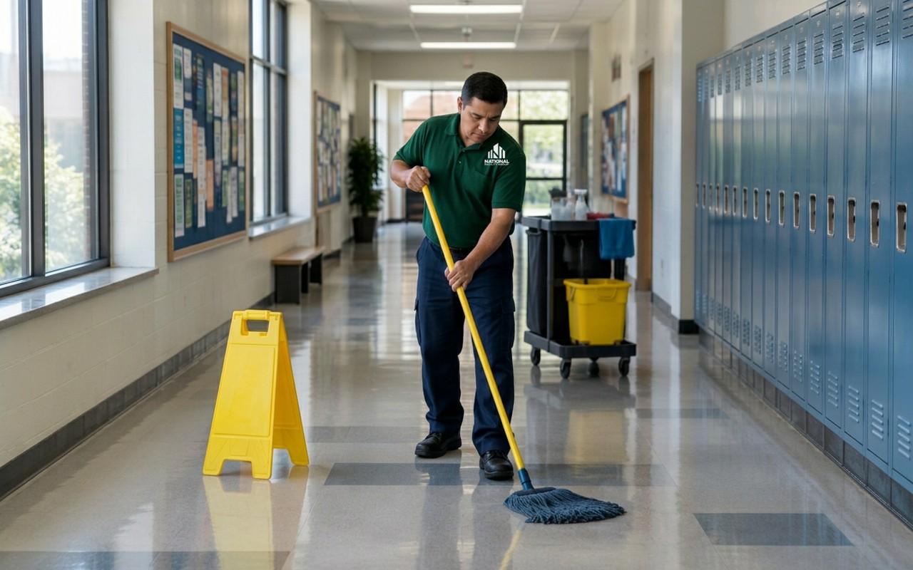 Custodian mopping a campus hallway lined with lockers
