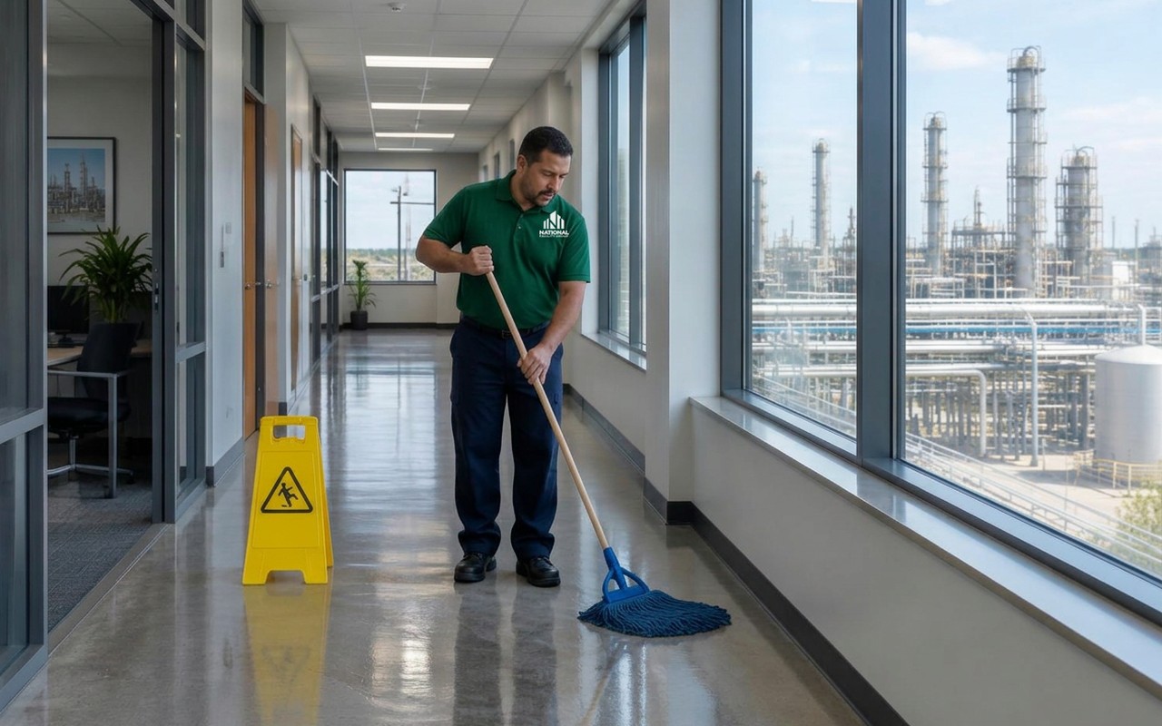Custodian mopping an office corridor overlooking an energy plant