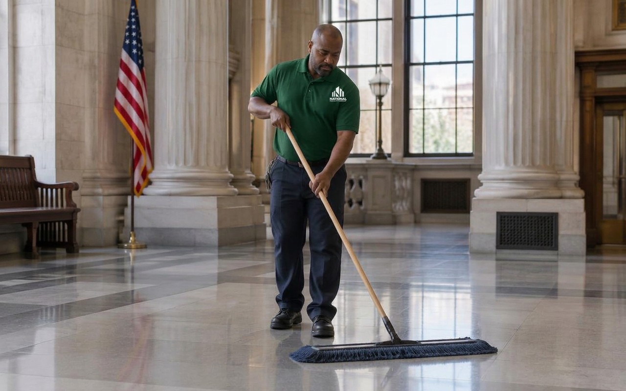 Day porter dust mopping the stone floor of a public building lobby
