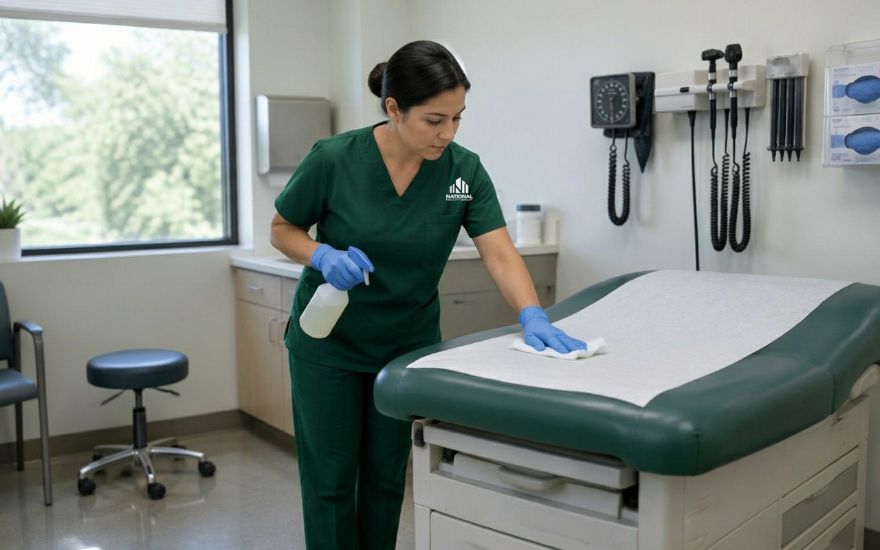 Gloved technician disinfecting the exam table in a medical exam room