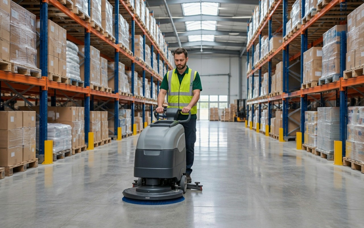 Worker in a safety vest scrubbing a warehouse aisle between pallet shelving