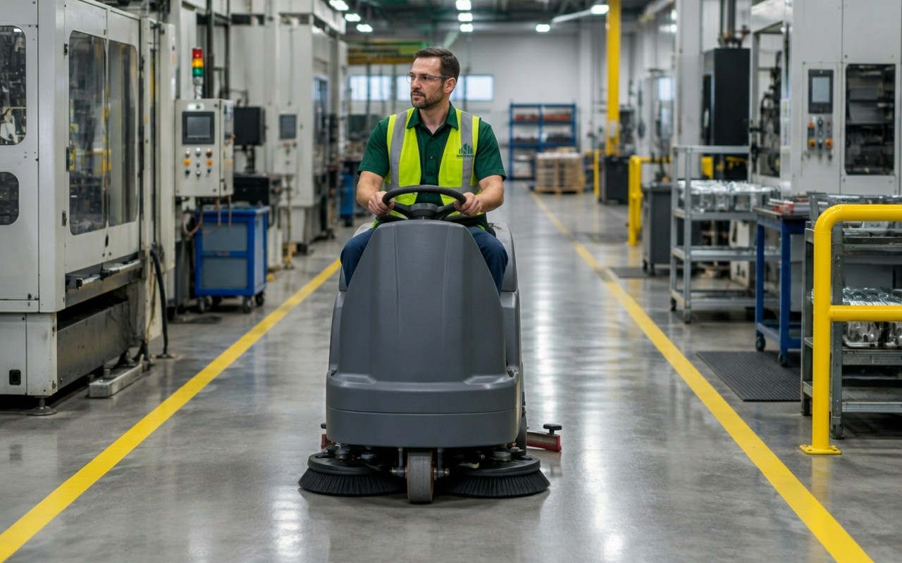 Technician in safety glasses and vest driving a floor scrubber down a manufacturing aisle