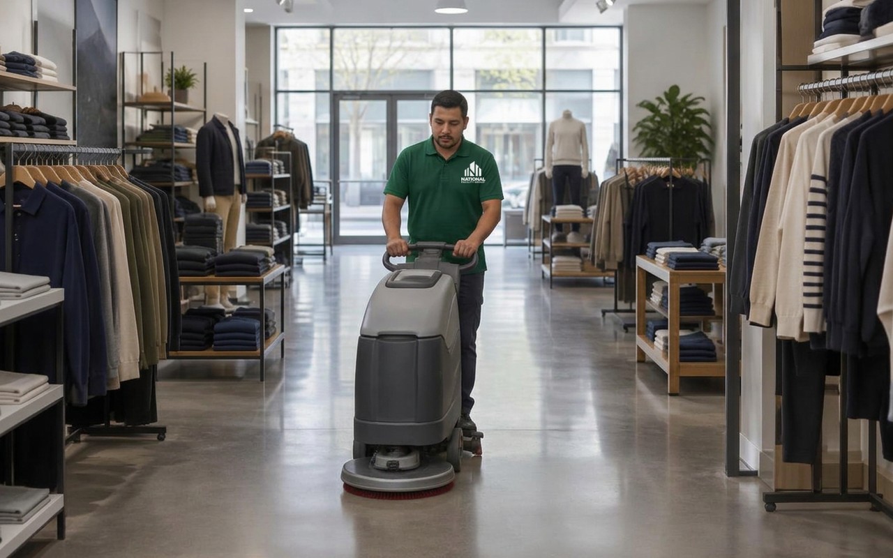 Worker scrubbing the floor of a clothing store before opening