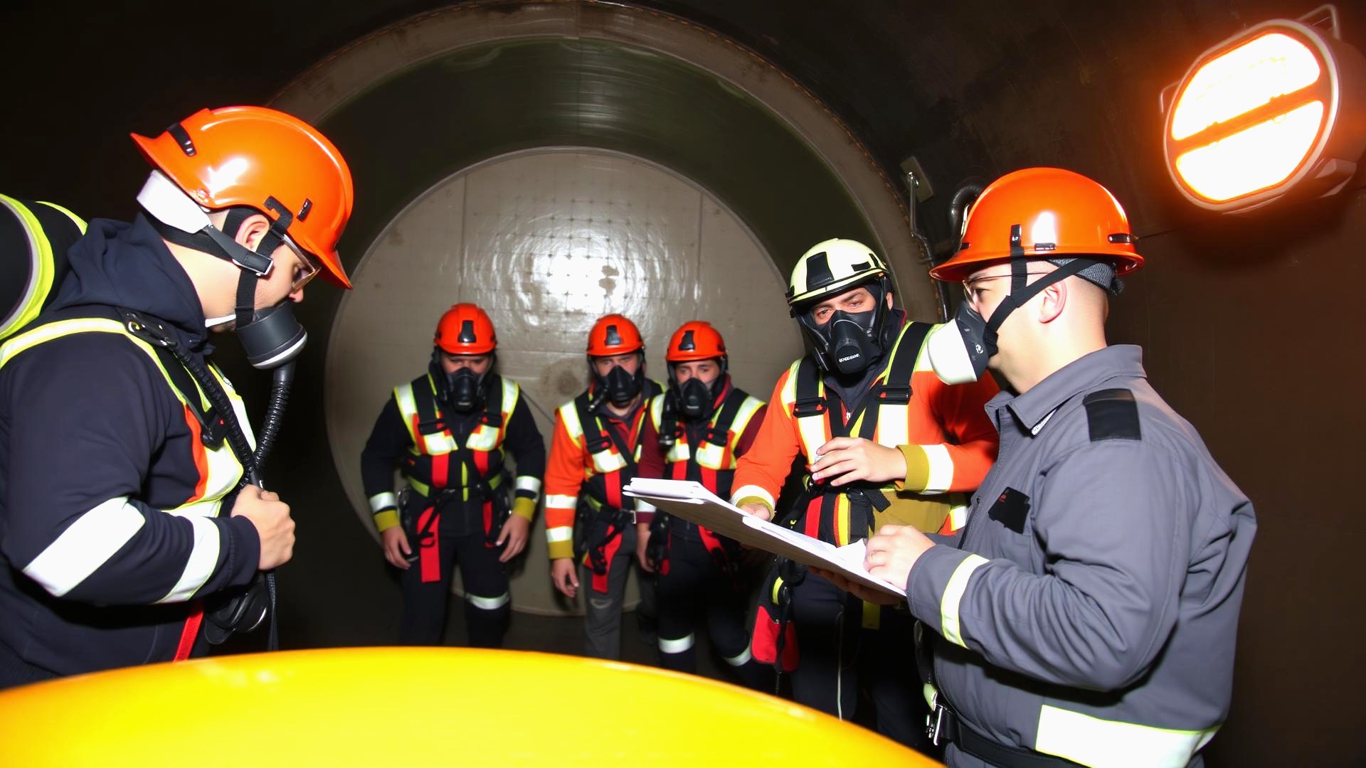 Confined space entry team preparing to enter a tank