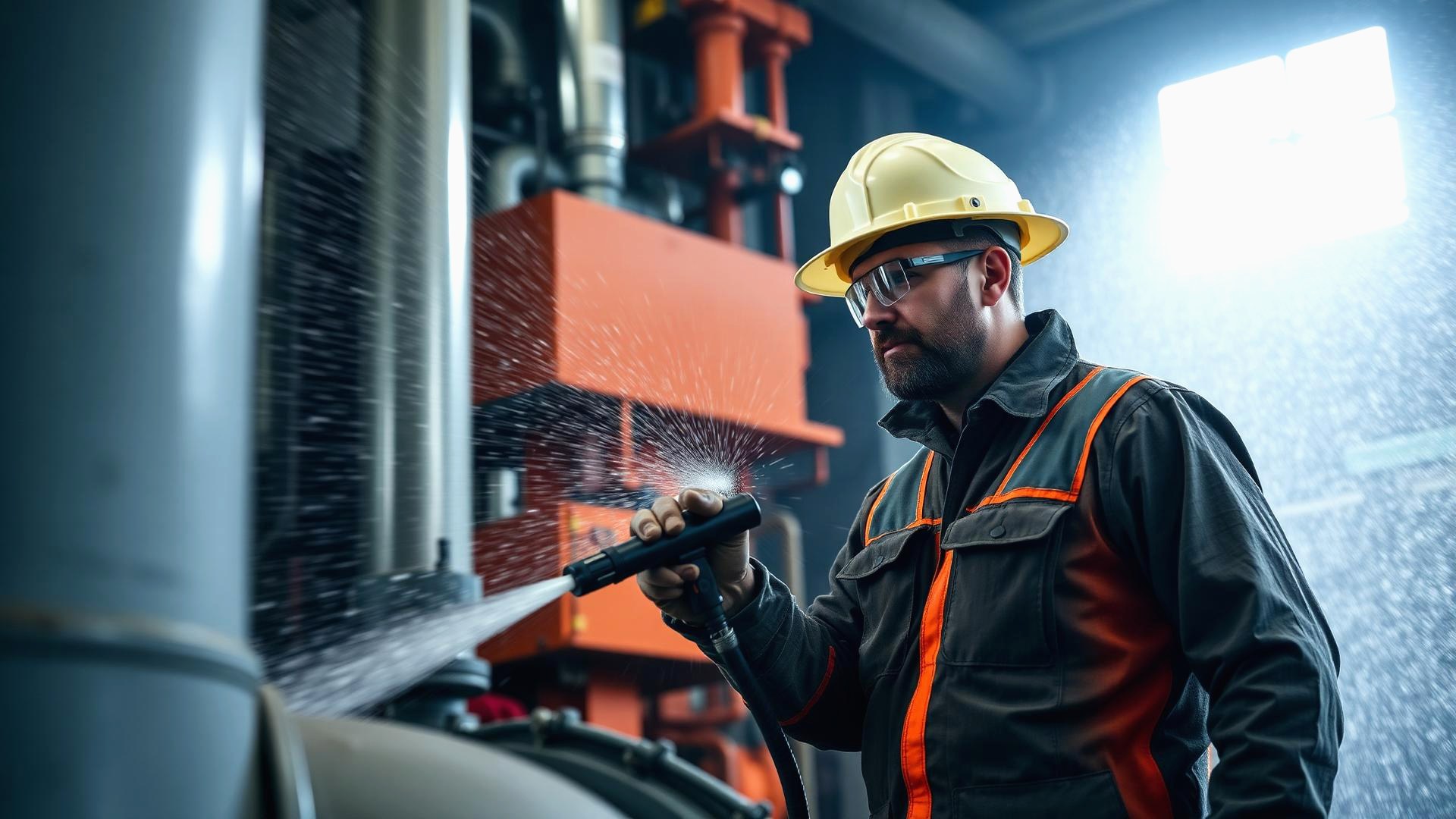 Industrial worker performing high-pressure cleaning