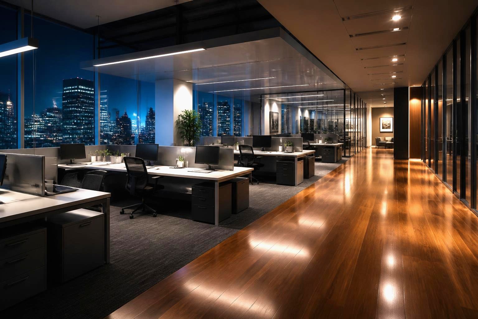 Post-service corporate office floor at night