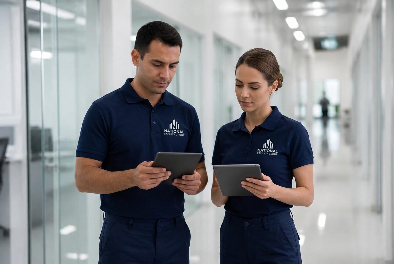 Illustrative technician reviewing facility information on a tablet