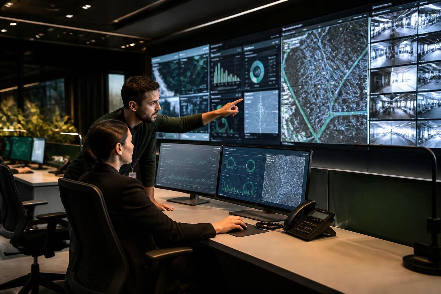 Facility operations command center with live dashboards and site monitoring