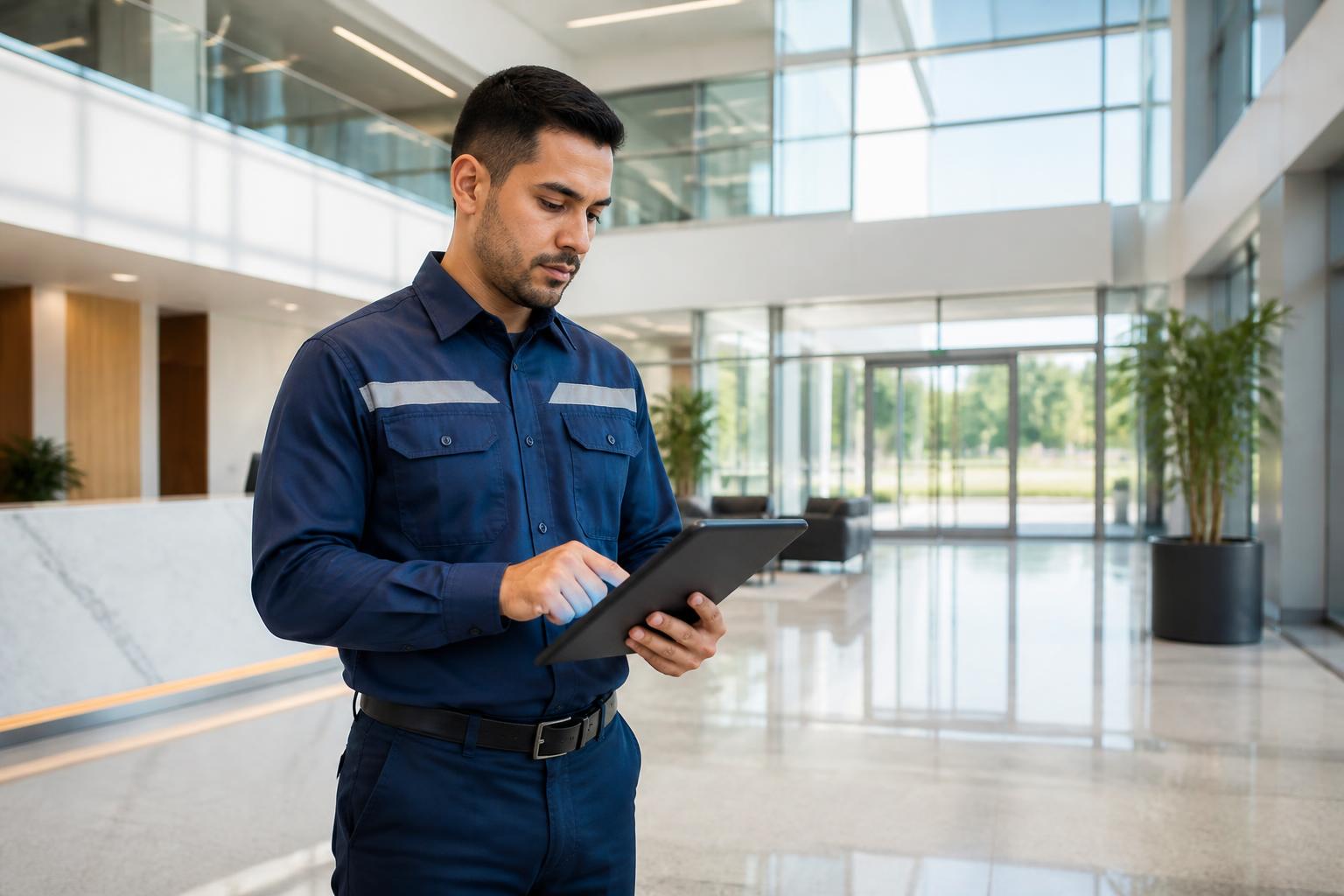 Field technician logging a quality inspection on a tablet in a corporate lobby